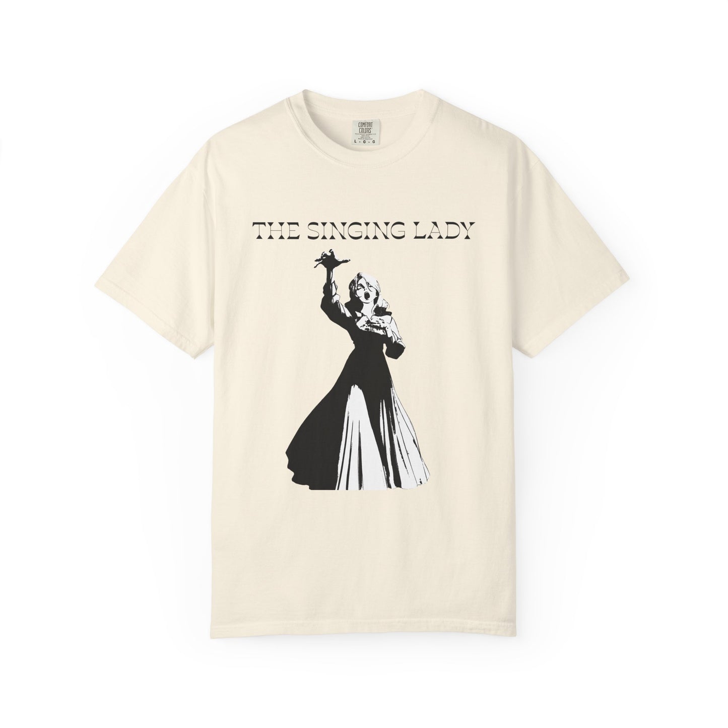 The singing lady tee front view on a heavyweight black cotton shirt
