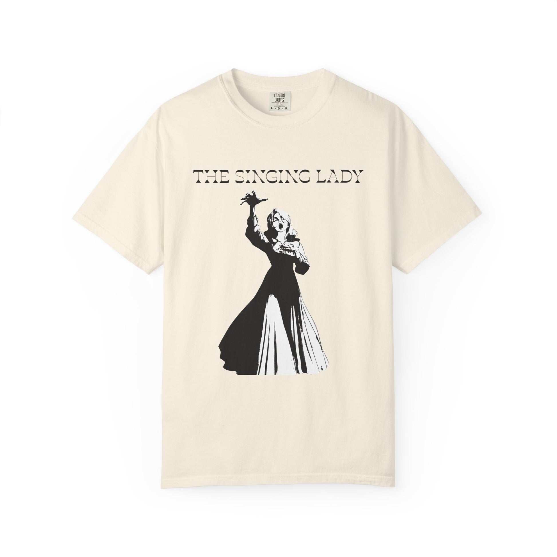 The singing lady tee front view on a heavyweight black cotton shirt
