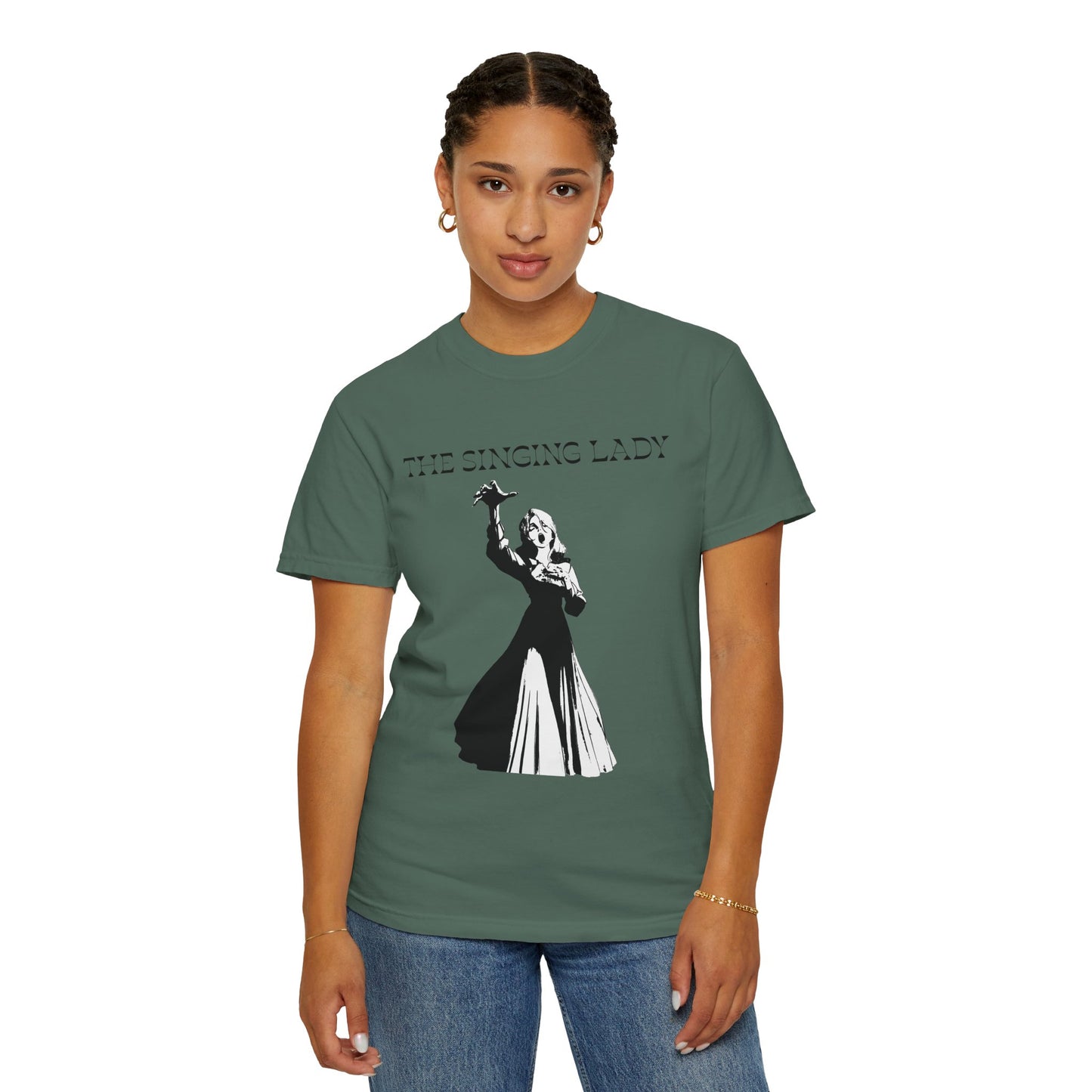 The singing lady tee size and fit comparison on a relaxed fit cut
