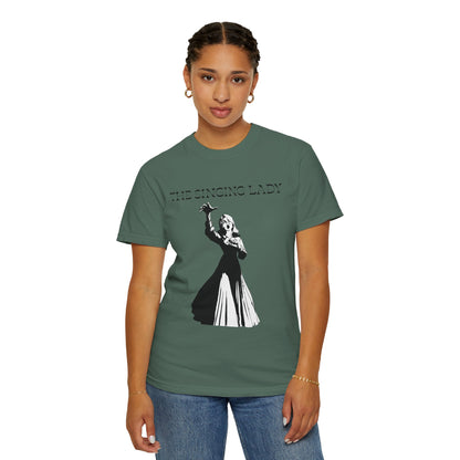 The singing lady tee size and fit comparison on a relaxed fit cut
