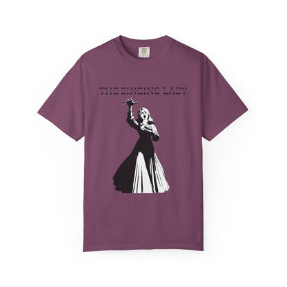 The singing lady tee worn layered under a jacket for an evening look
