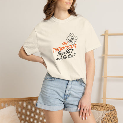 Thermostat tee model holding a glass of iced tea on a hot summer day
