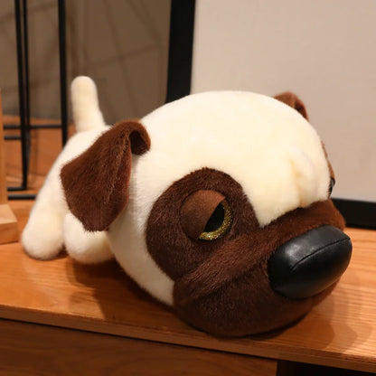 Three breed variants of kawaii big head dog plush displayed side by side sheepdog husky pug 30cm