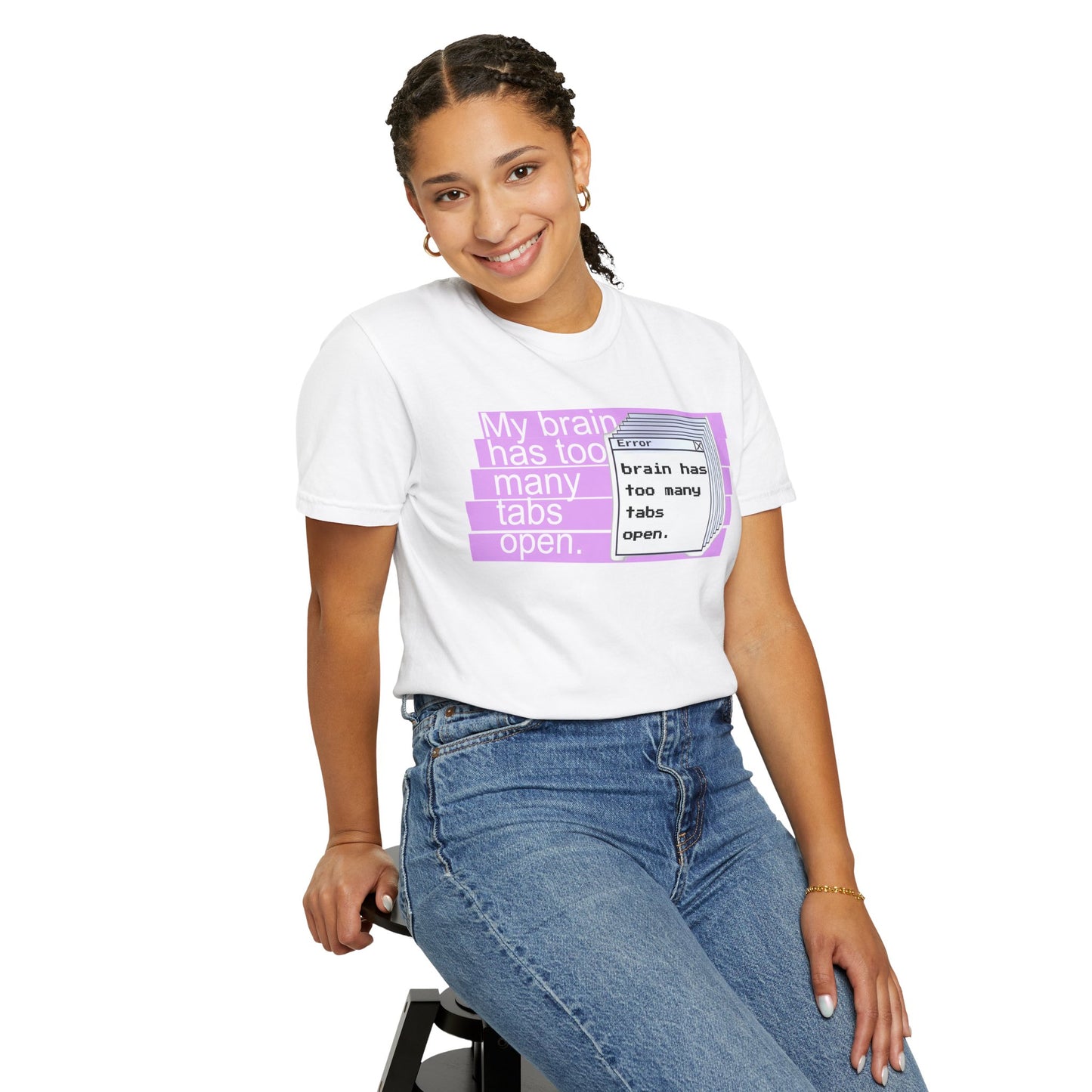 Too many tabs open tee size chart flat lay showing S to 3XL range