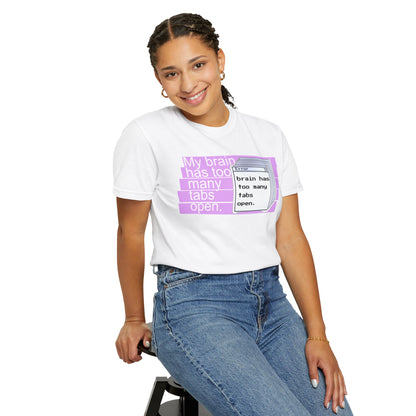 Too many tabs open tee size chart flat lay showing S to 3XL range