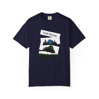 Trail therapy t-shirt with layered mountain landscape graphic in blue green and earth tones