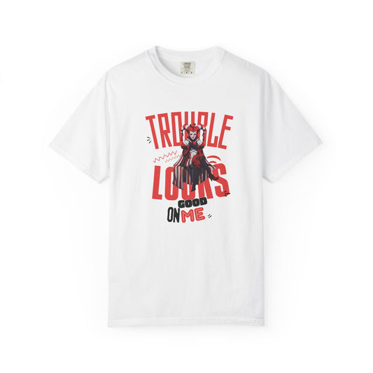Trouble Looks Good On Me graphic tee flat lay, bold red and black jester villain design center chest
