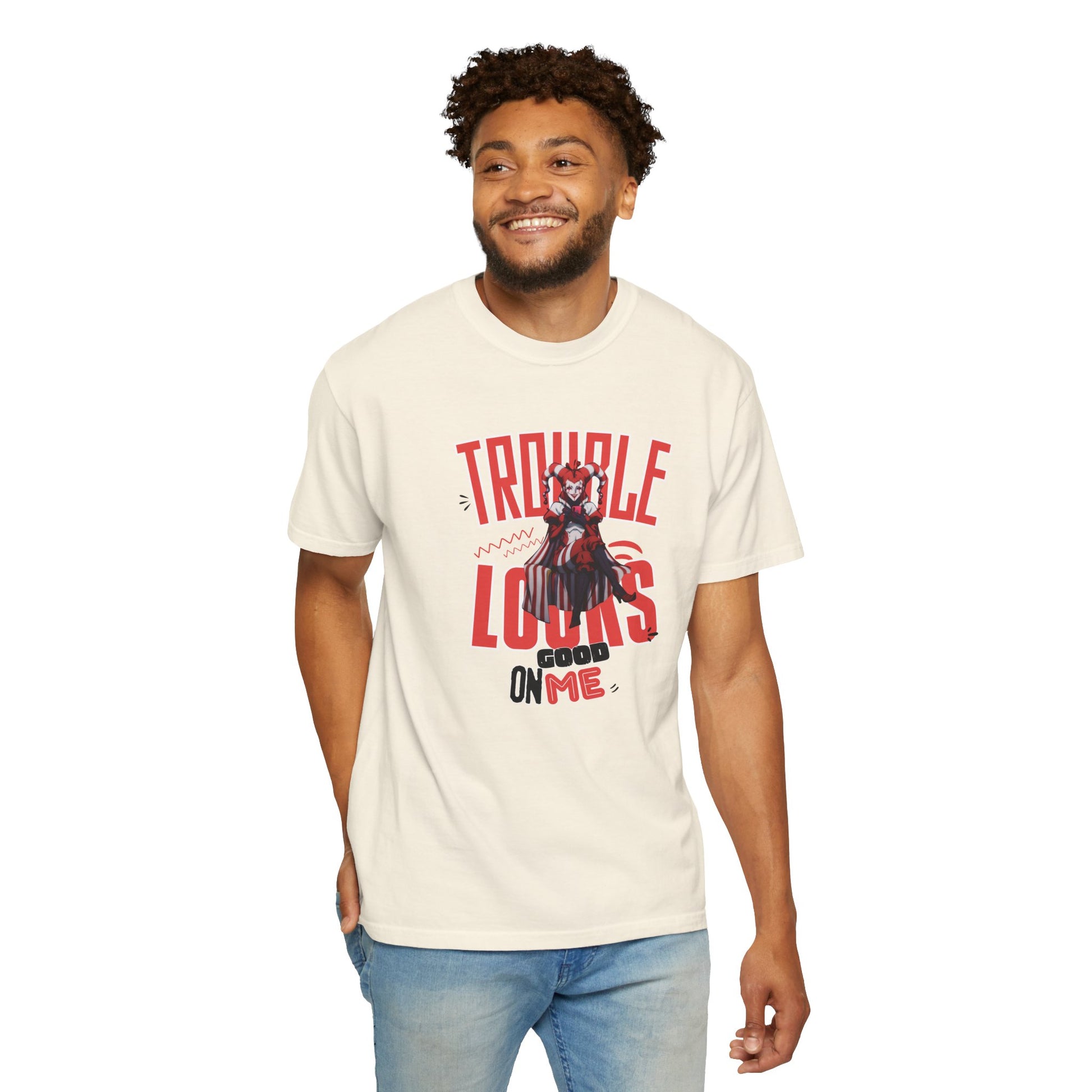 Trouble Looks Good On Me tee graphic detail showing mischievous character face in red ink
