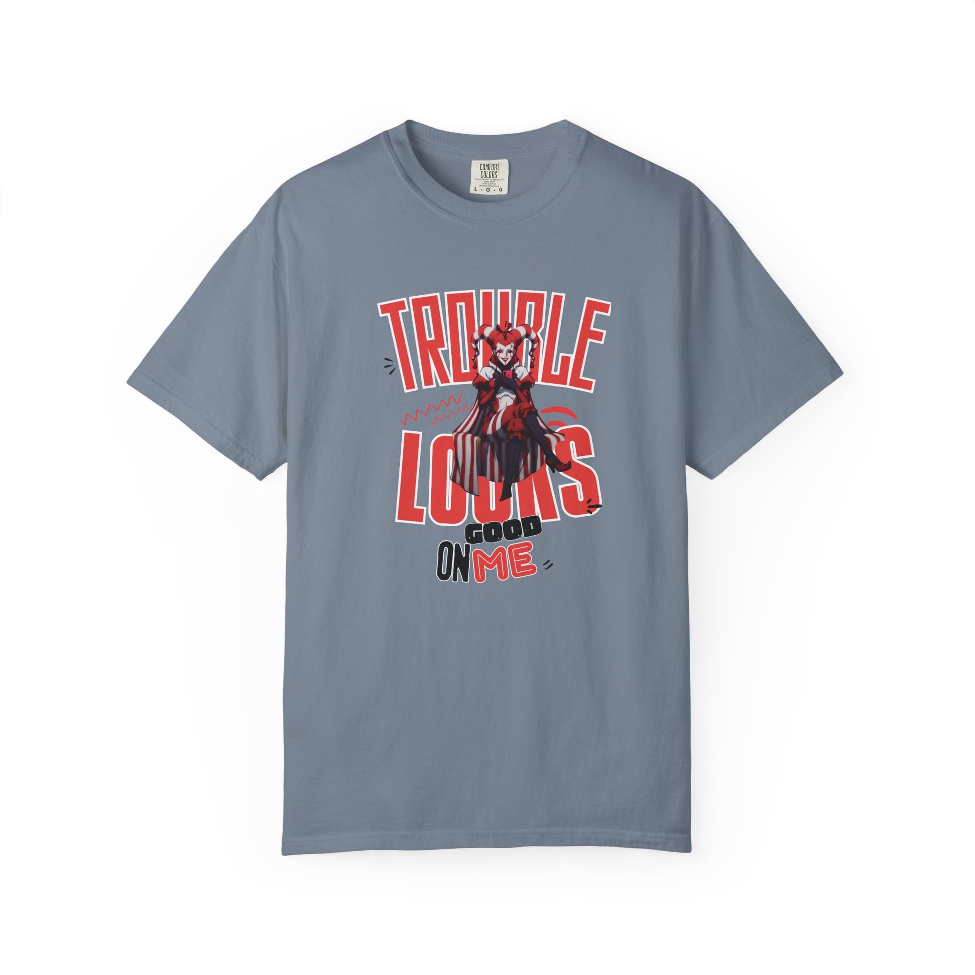 Trouble Looks Good On Me tee worn layered under open jacket, night out concert outfit
