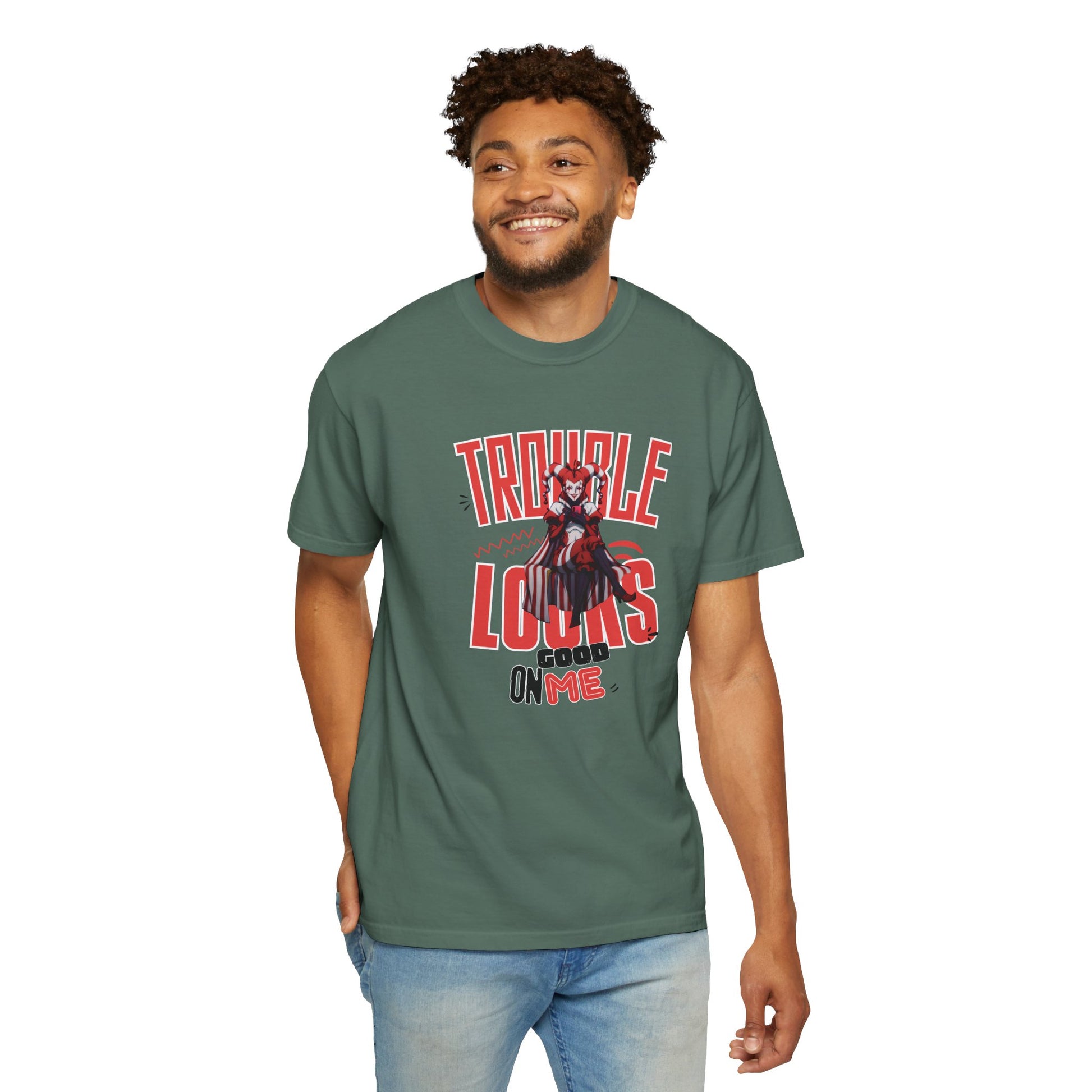Trouble looks good on me graphic tee model shot from behind showing relaxed fit across shoulders

