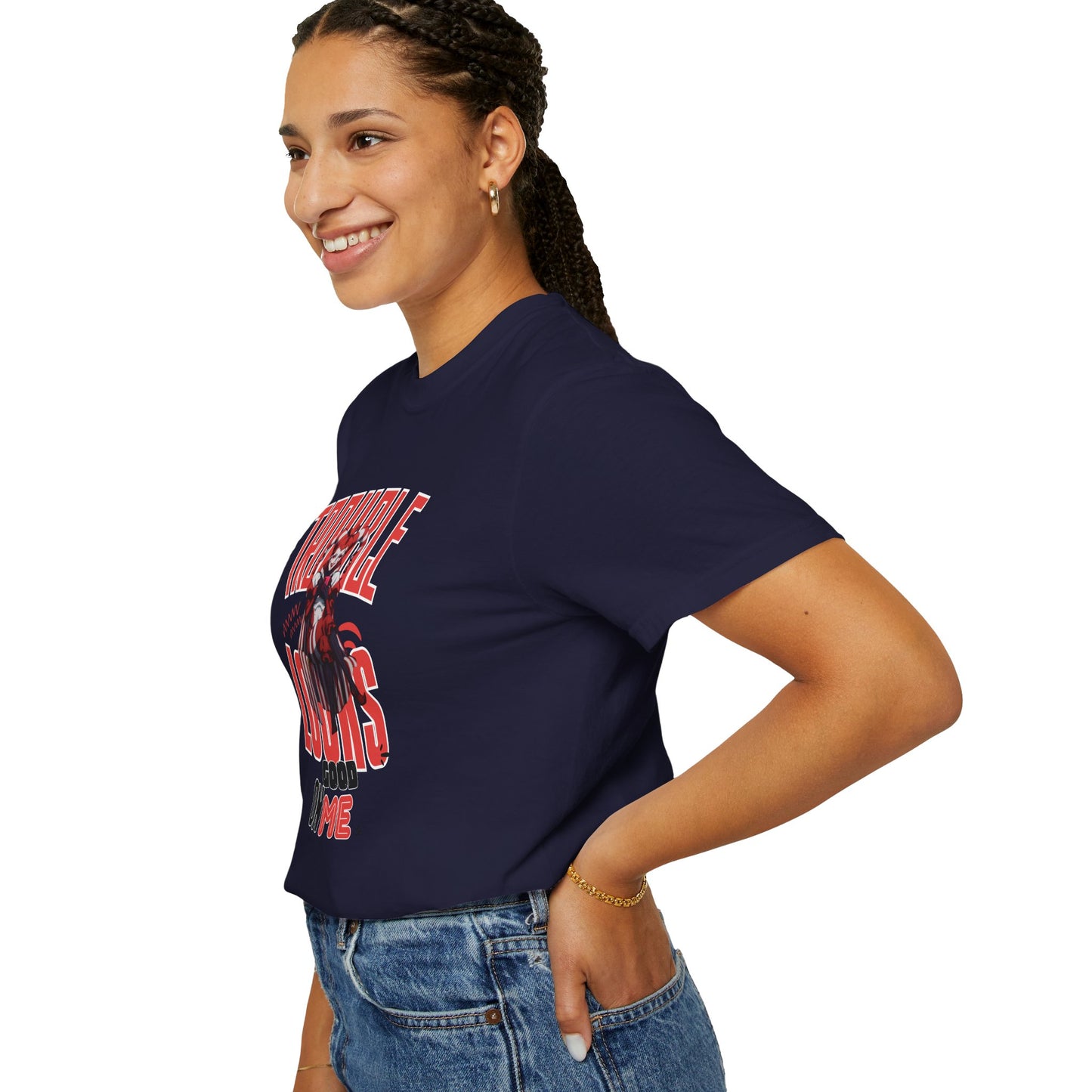 Trouble looks good on me printed unisex tee styled on female model showing relaxed unisex silhouette
