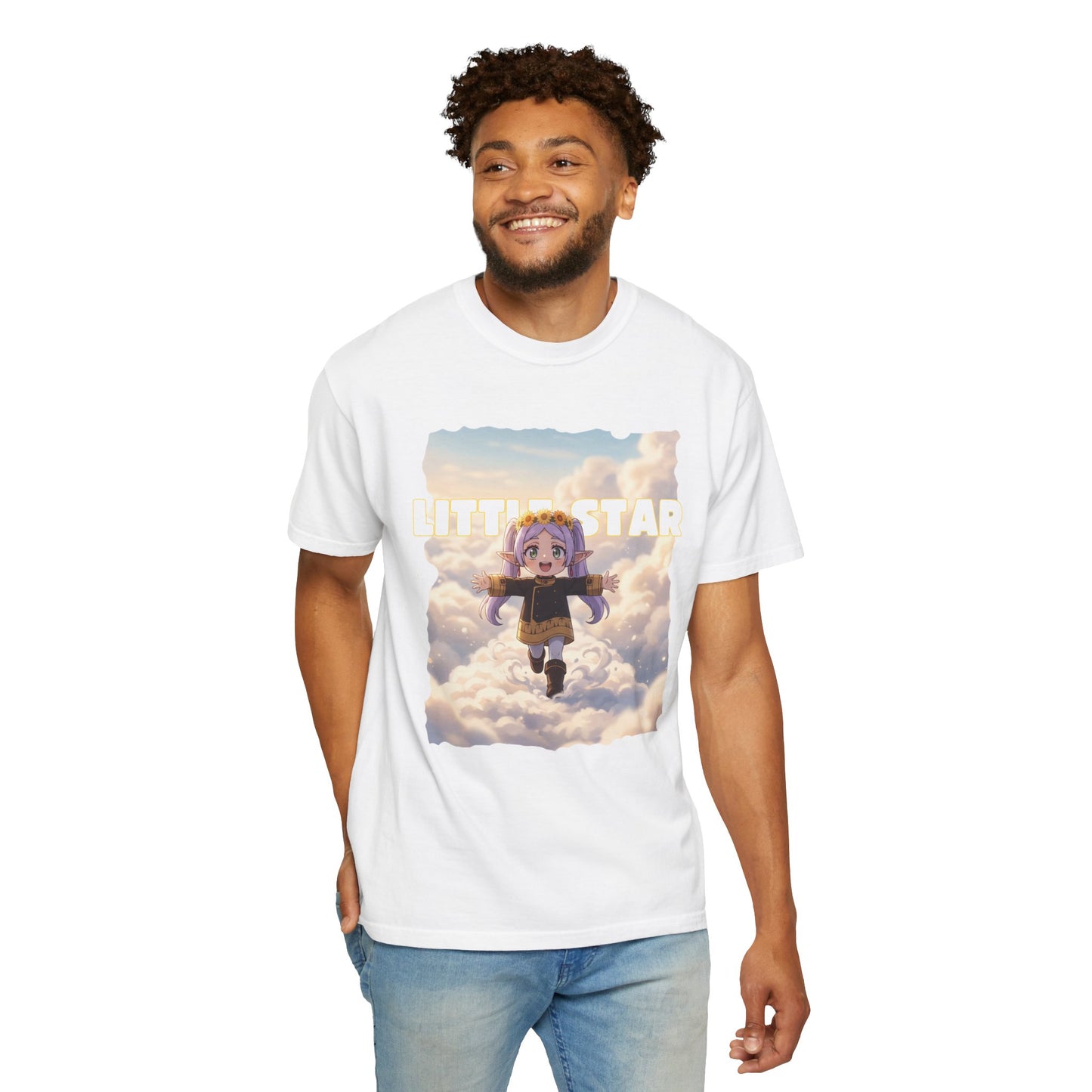 Tubular knit graphic shirt with cloudscape and flying character