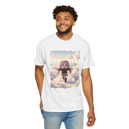 Tubular knit graphic shirt with cloudscape and flying character