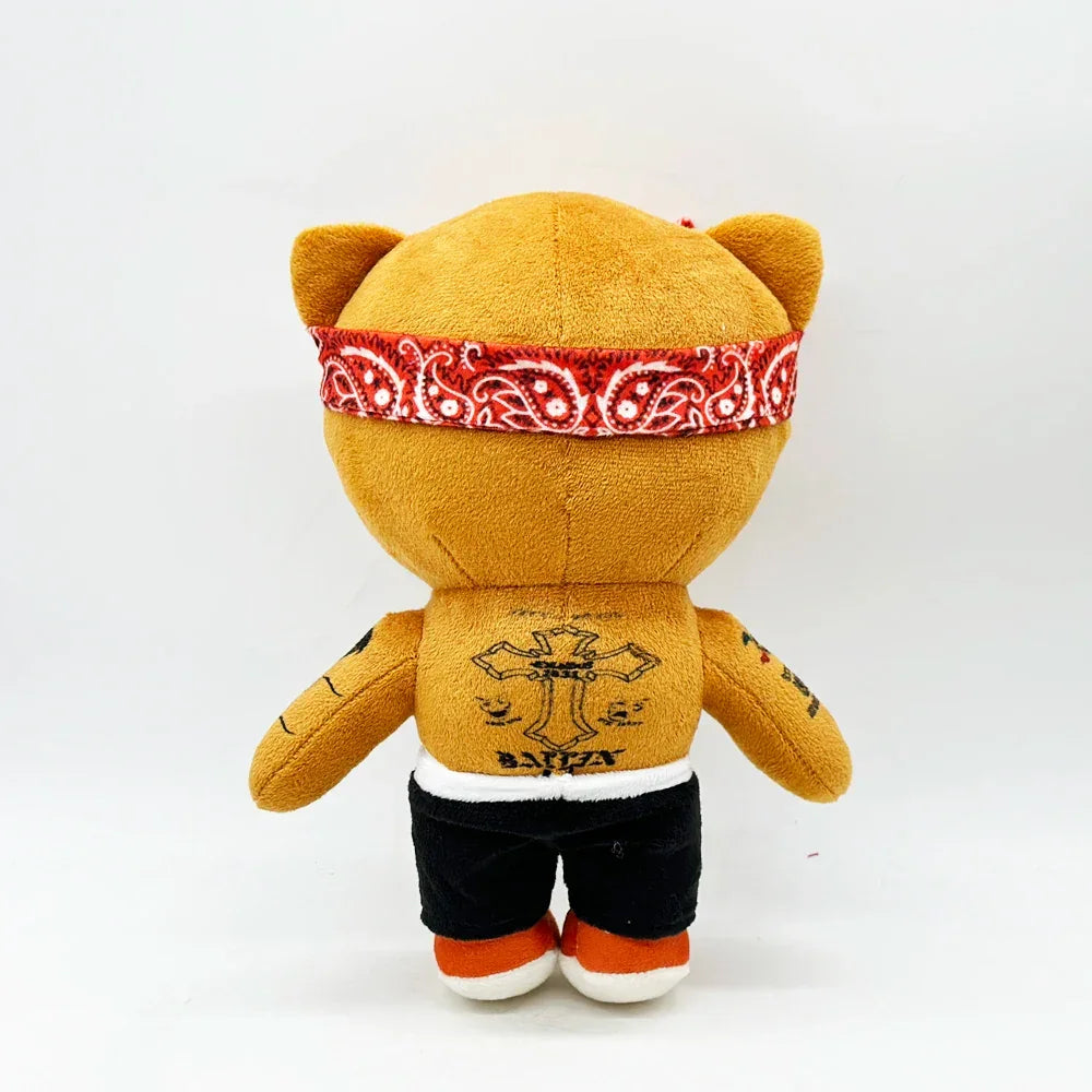 Tupac hello kitty plush with red bandana and tattoos.