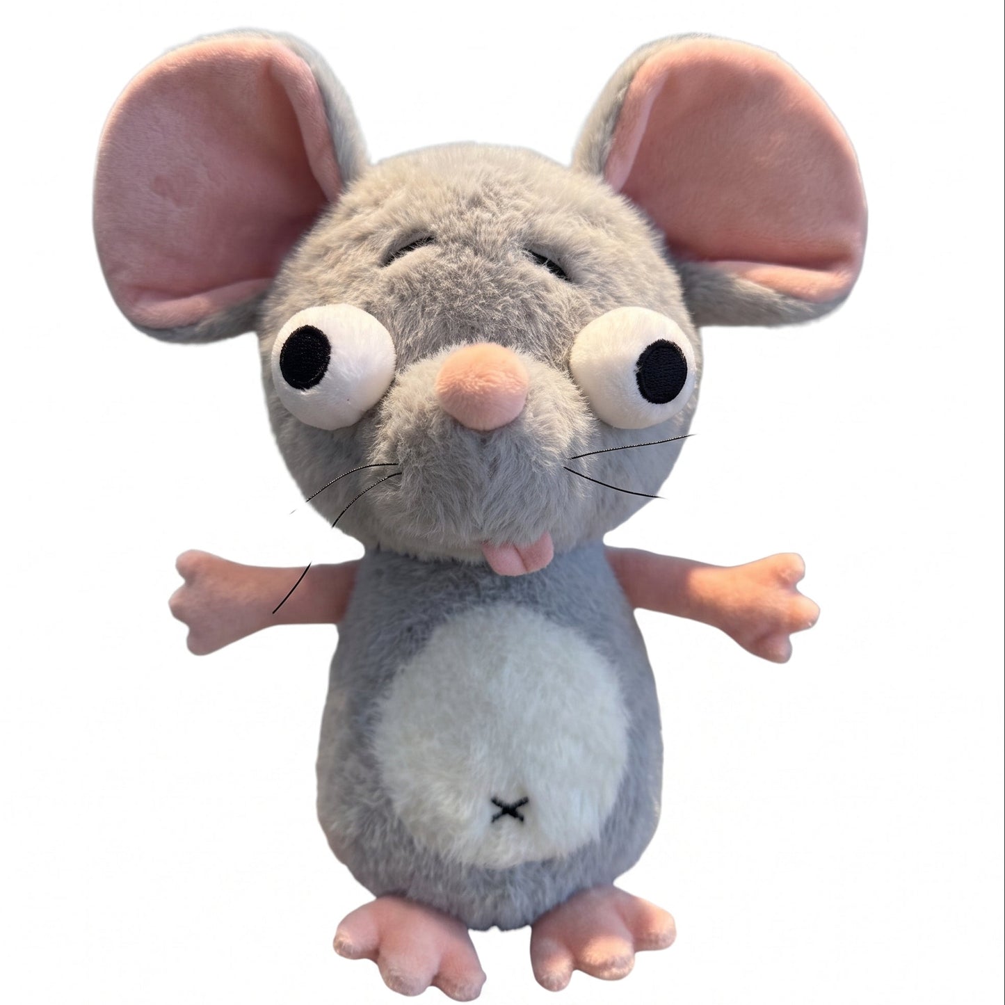 Ugly-cute big-eared mouse plush with shocked meme face, soft gray cotton handmade stuffed toy 40cm
