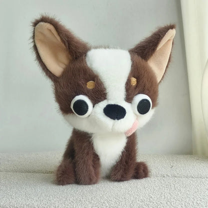 Ugly cute stuffed animal chihuahua black and white close-up face detail stitching