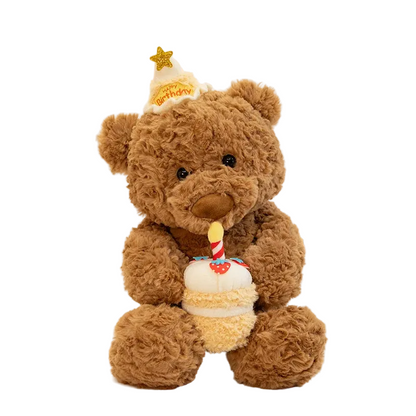 Ultra-soft birthday teddy bear plush with party hat and cupcake brown kawaii bear doll gift