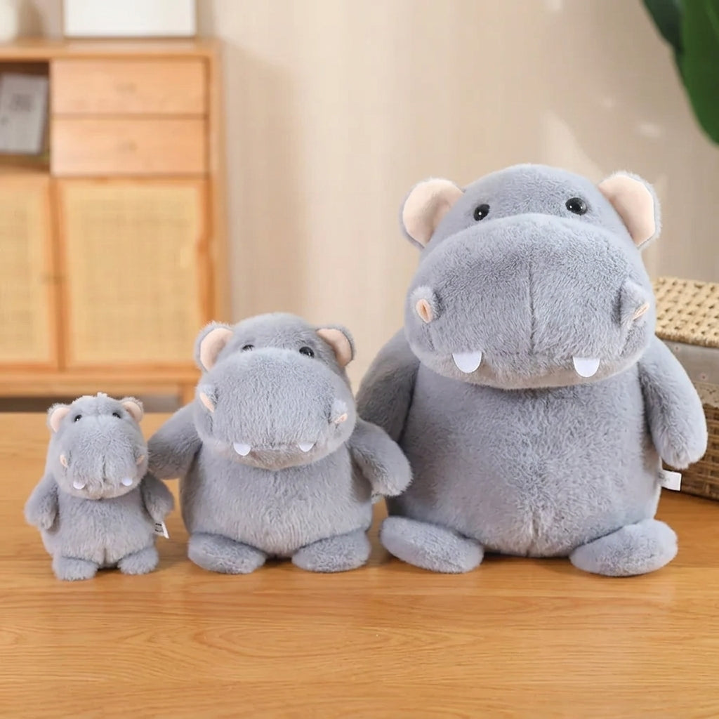 Ultra-soft hippo stuffed toy in grey cotton fabric, front view, PP cotton filled