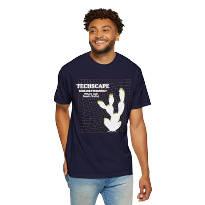Underground club fashion graphic tee on hanger showing full artwork