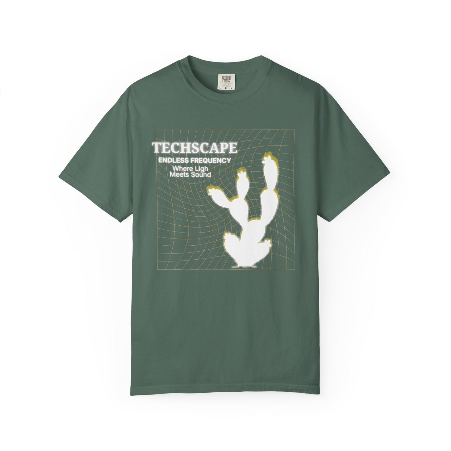 Underground rave aesthetic tee with geometric desert horizon print, front view