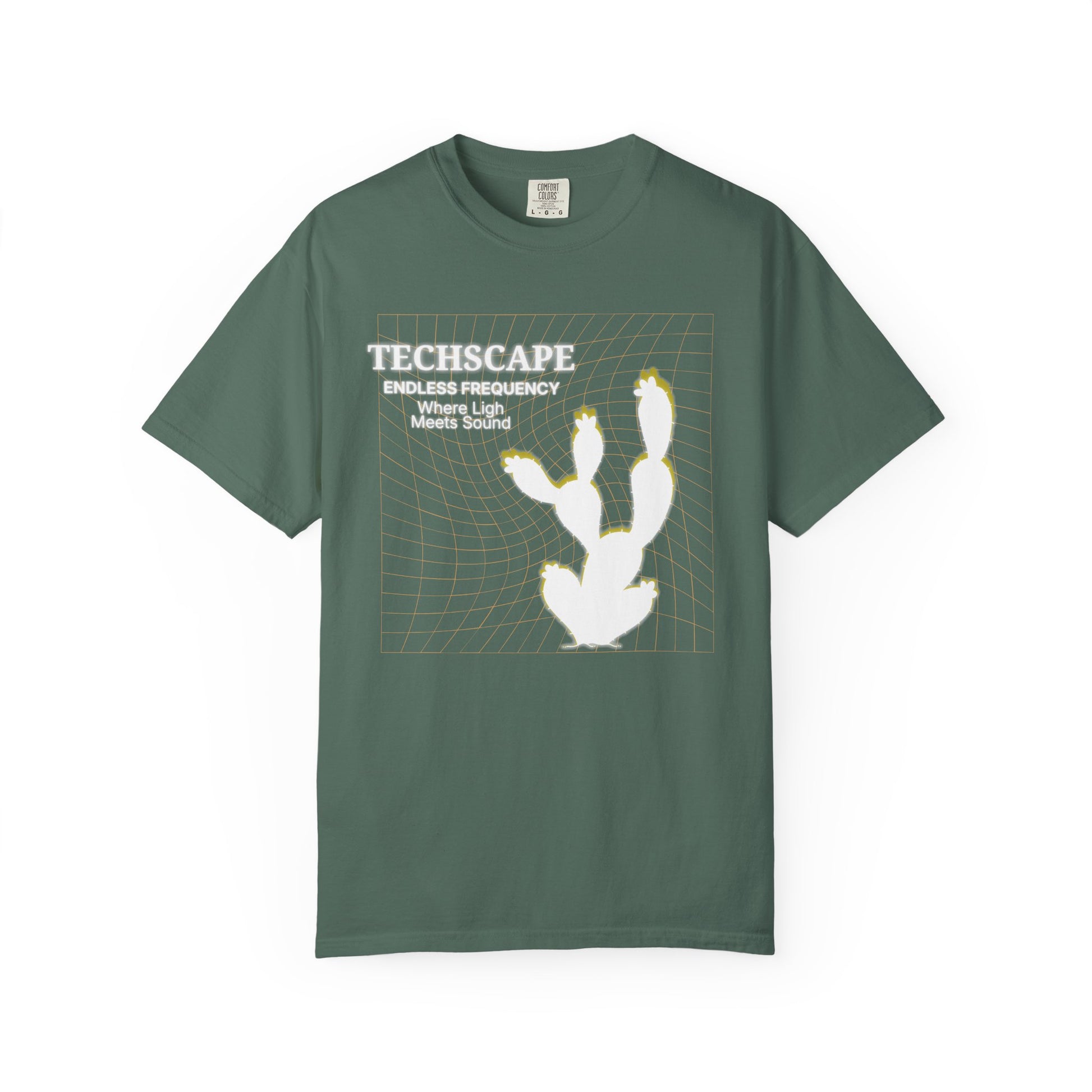Underground rave aesthetic tee with geometric desert horizon print, front view