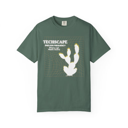Underground rave aesthetic tee with geometric desert horizon print, front view