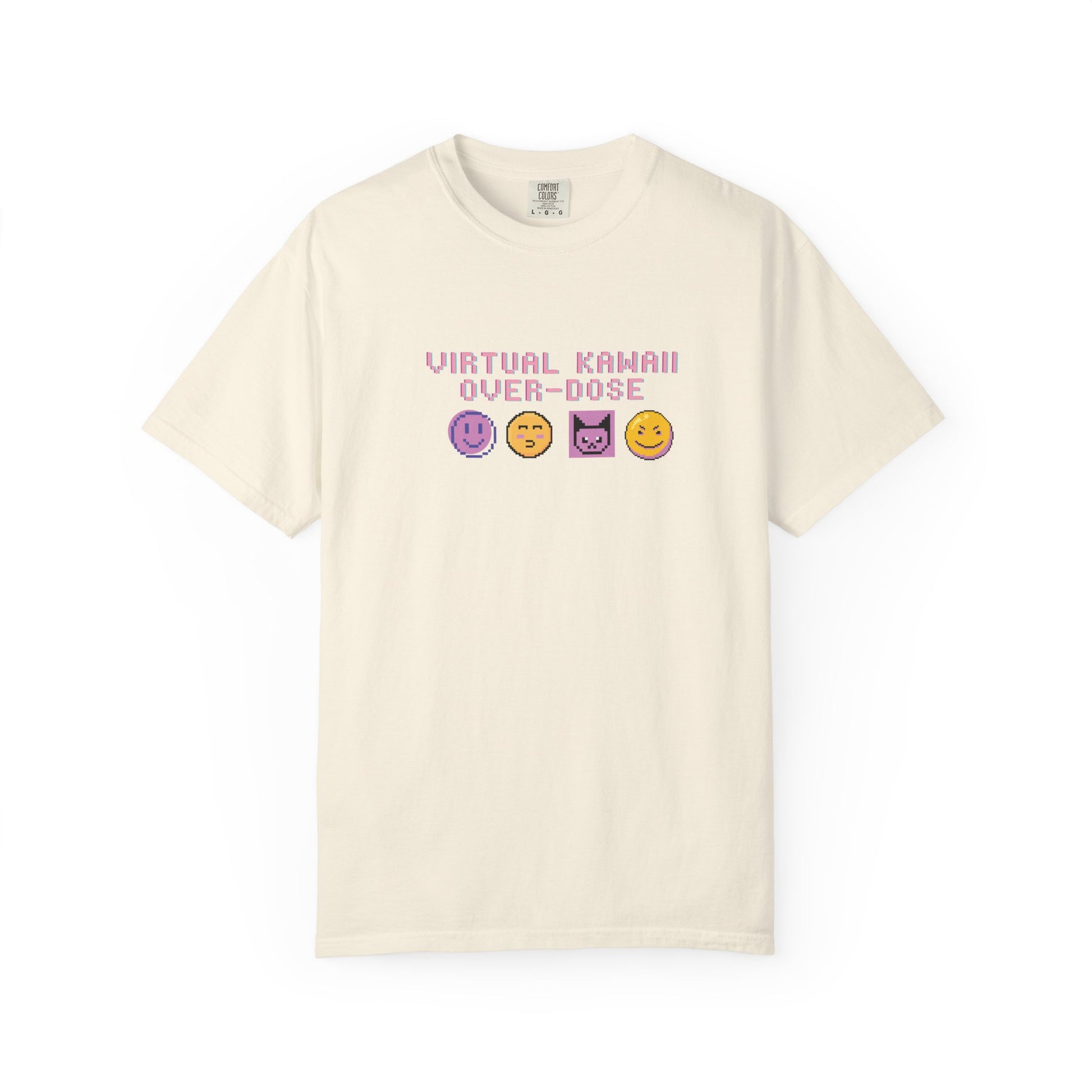 Unisex Mad Mew Mew tees flat lay showing Virtual Kawaii Overdose graphic print

