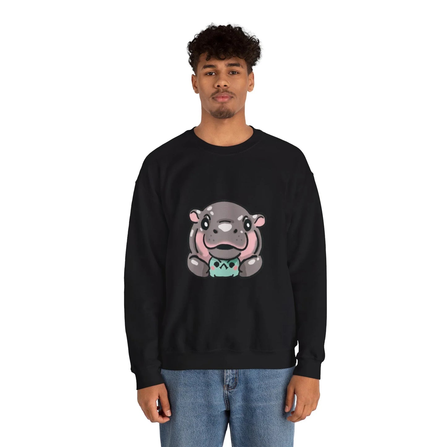 Unisex Moo Deng sweatshirt with ribbed knit collar detail
