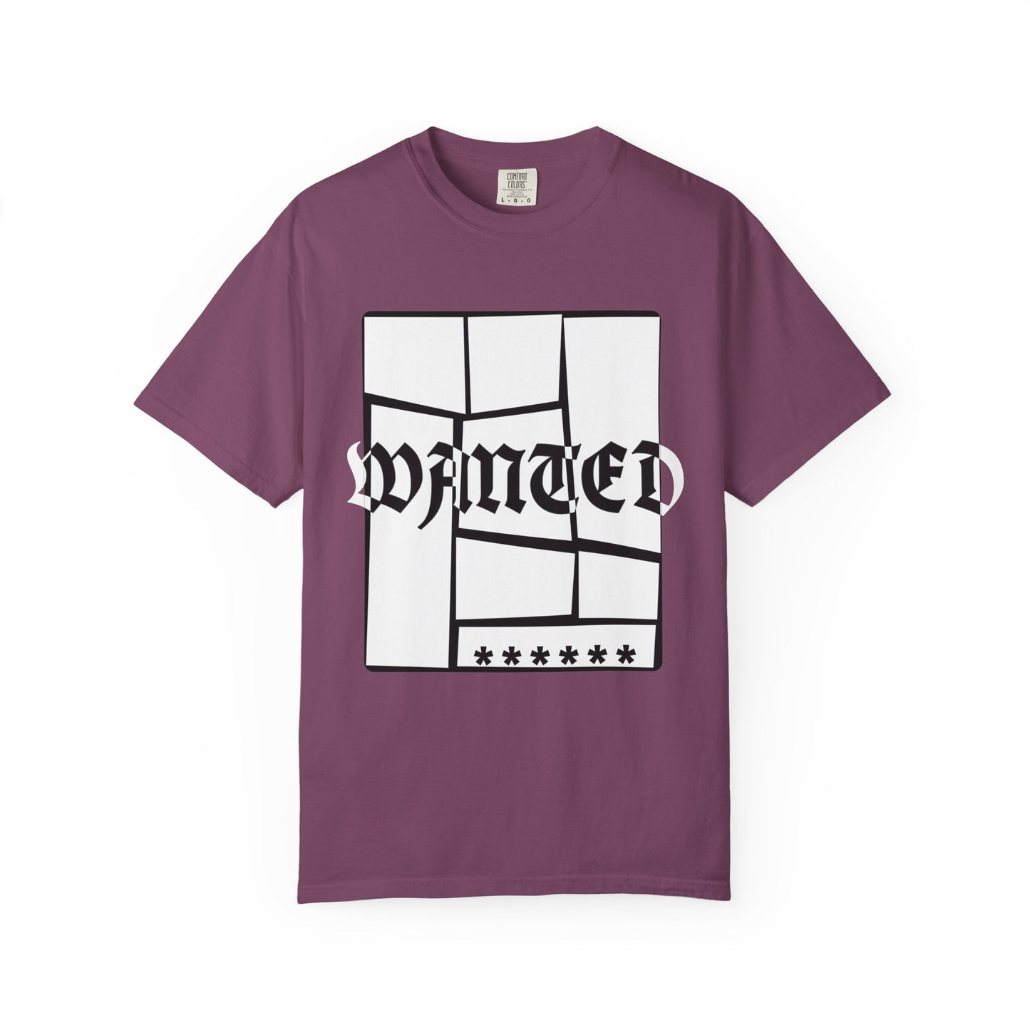 Unisex WANTED graphic tee with shattered framing and glitch lettering
