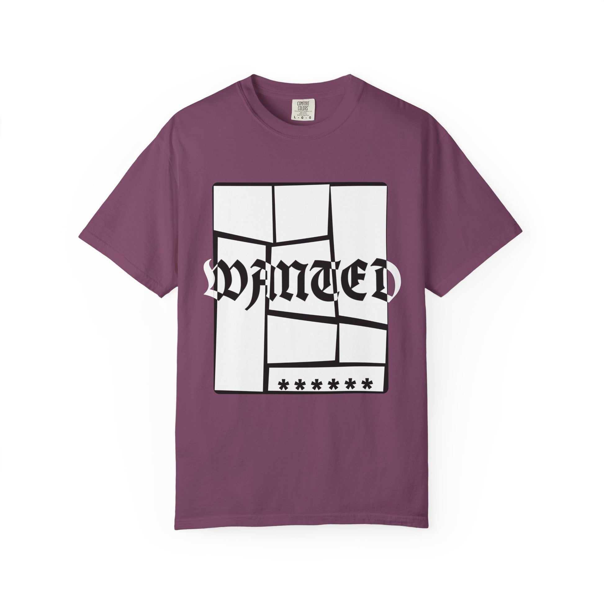 Unisex WANTED graphic tee with shattered framing and glitch lettering