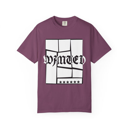 Unisex WANTED graphic tee with shattered framing and glitch lettering