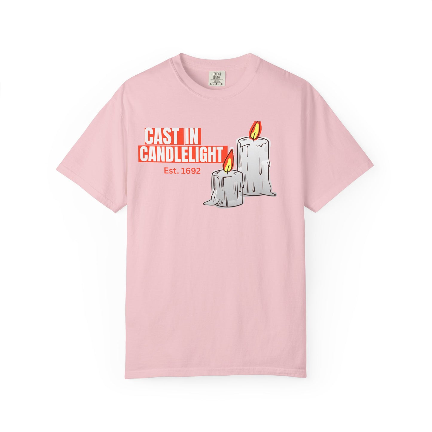 Unisex candle tee closeup of glowing flame illustration on worn in vintage dyed fabric