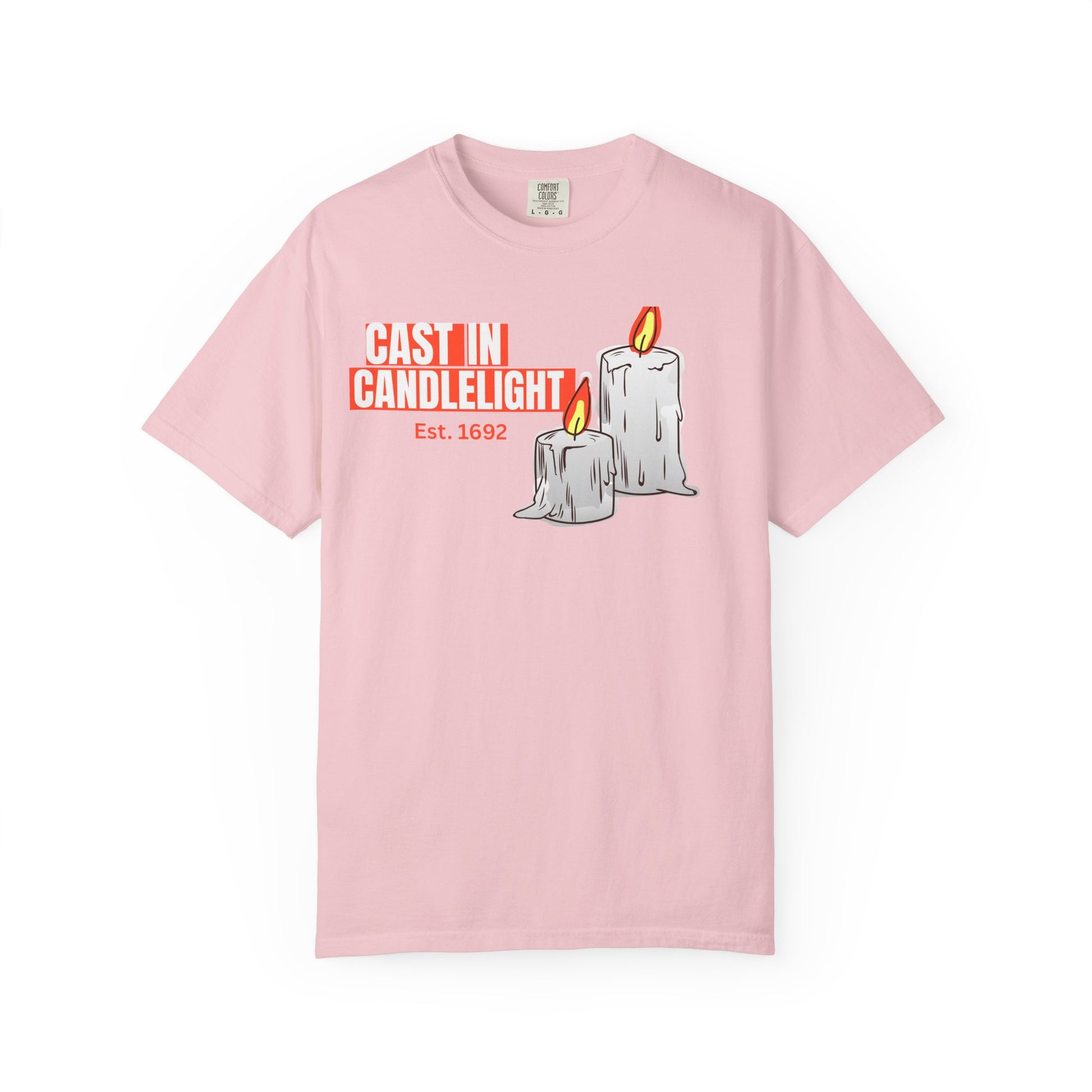 Unisex candle tee closeup of glowing flame illustration on worn in vintage dyed fabric