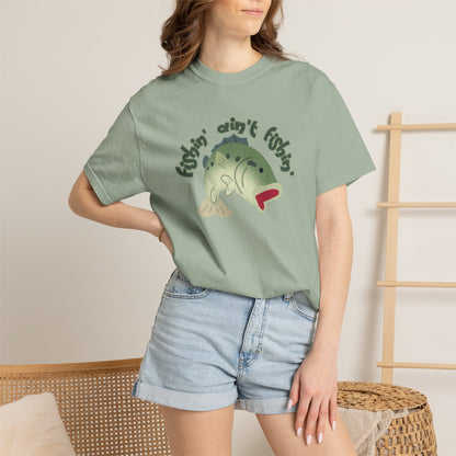 Unisex fishing humor shirt with bold bass illustration and phrase