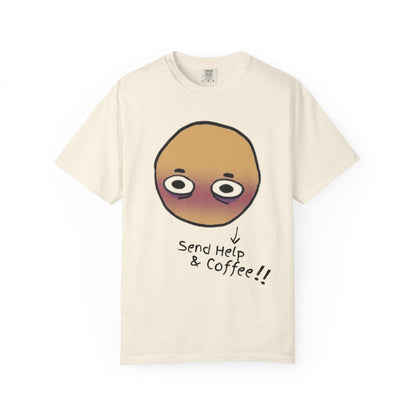 Unisex garment-dyed meme related tee with hand-drawn tired face and blush