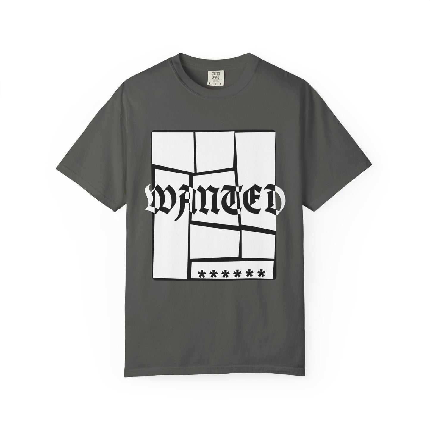Unisex navy graphic tee with distorted Old English WANTED lettering