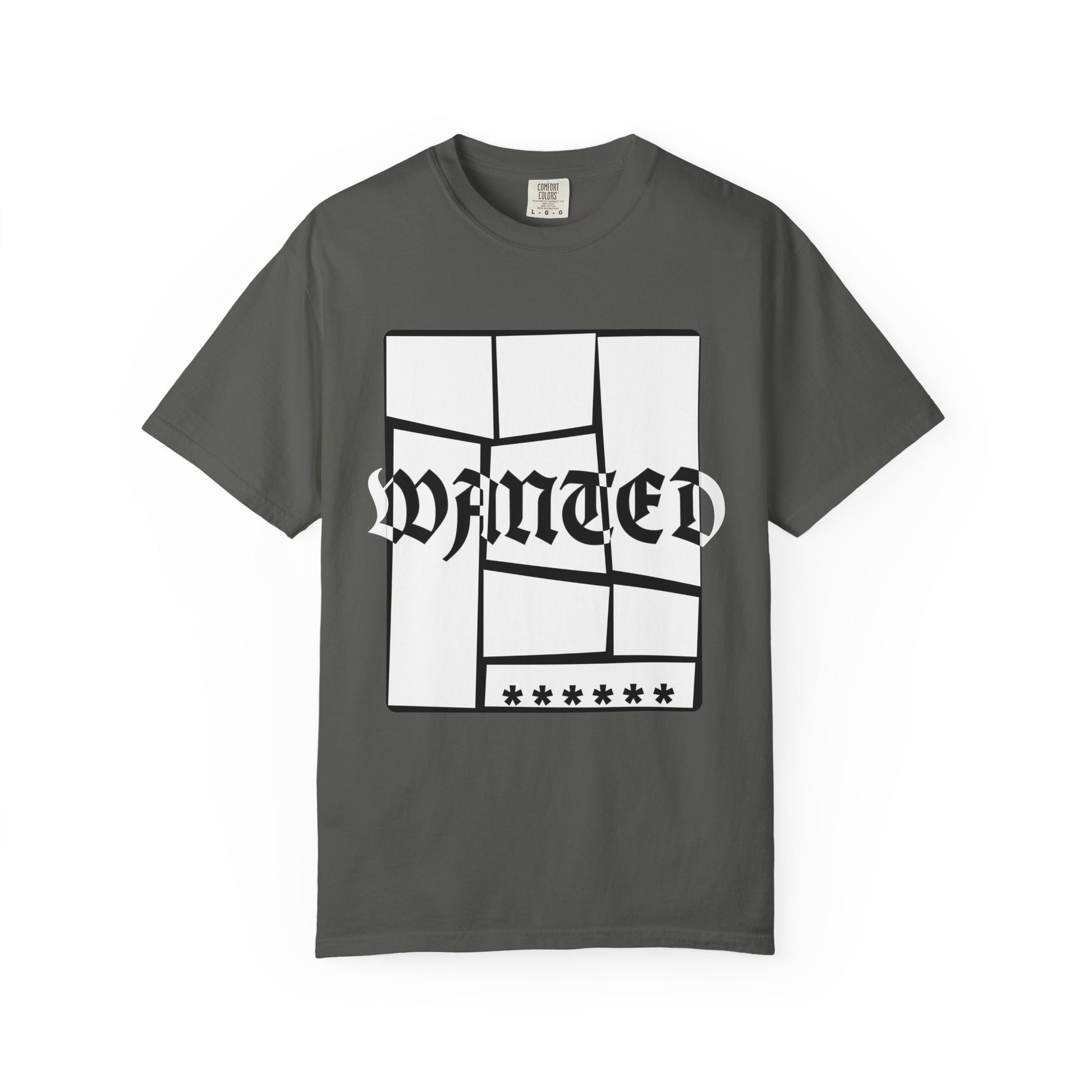 Unisex navy graphic tee with distorted Old English WANTED lettering
