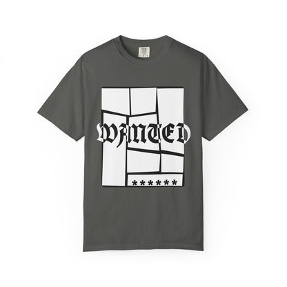 Unisex navy graphic tee with distorted Old English WANTED lettering