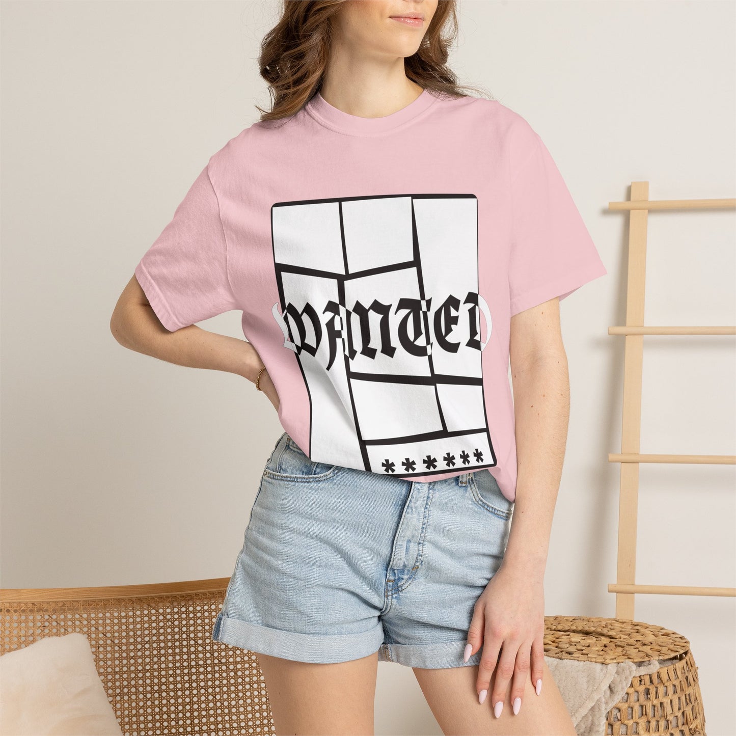 Unisex navy tee featuring WANTED poster graphic with asterisk detail beneath