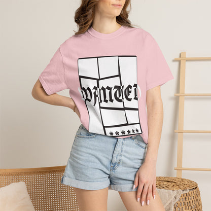 Unisex navy tee featuring WANTED poster graphic with asterisk detail beneath