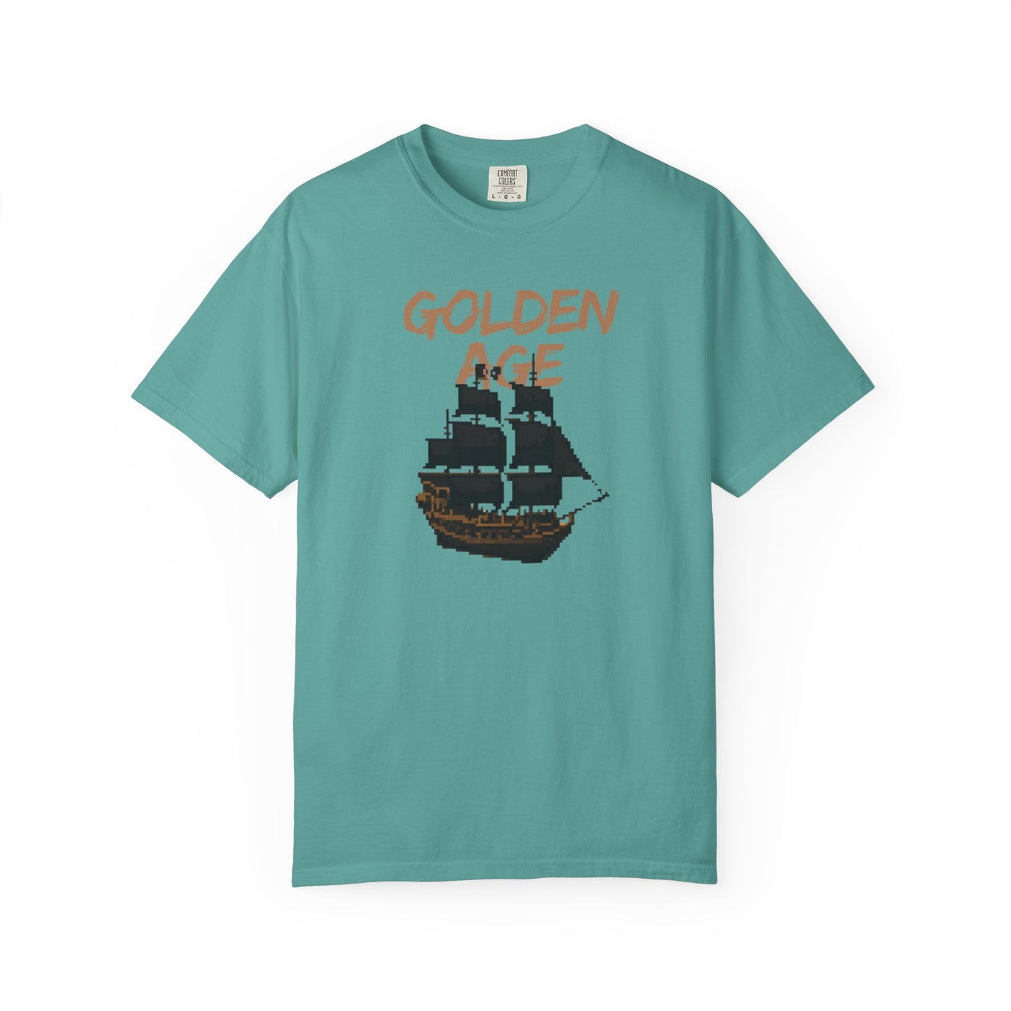 Unisex pirate ship graphic tee flat lay on a weathered wood surface
