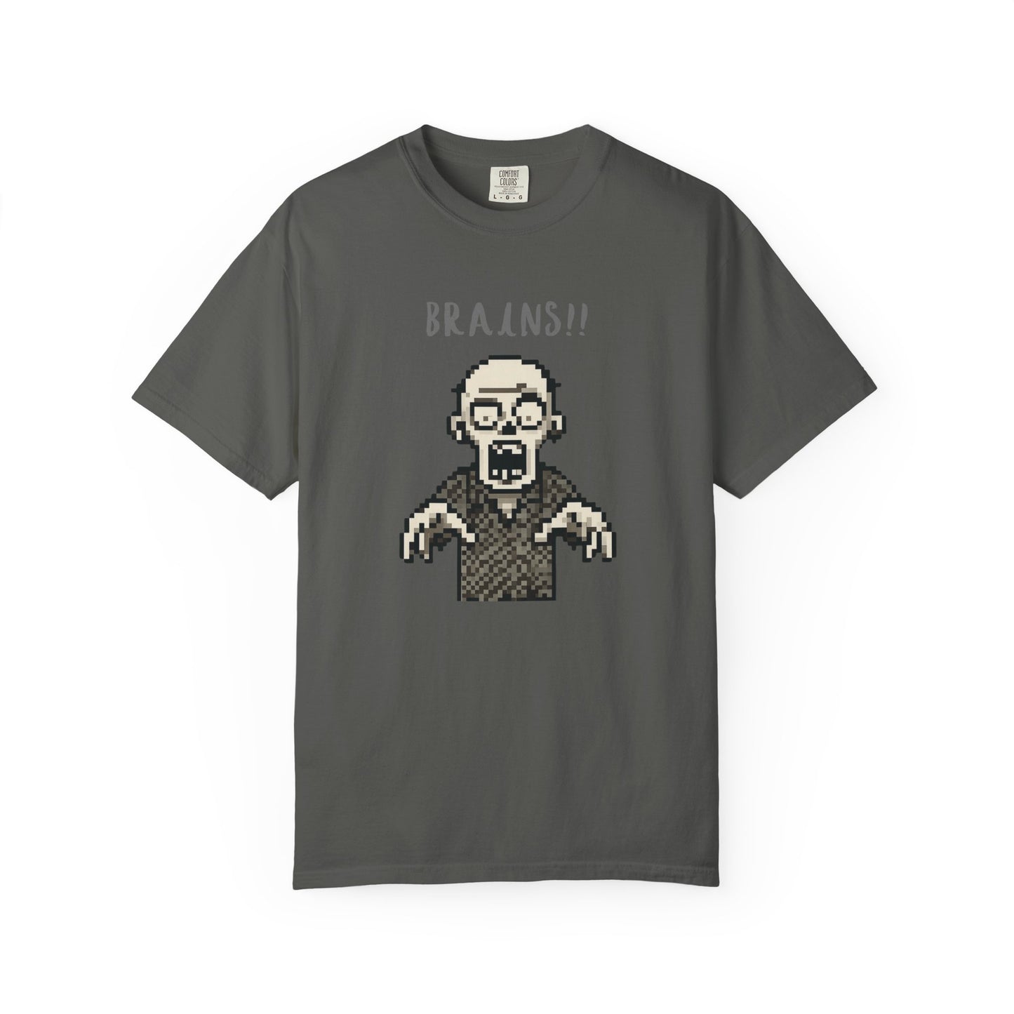 Unisex pixel art zombie shirt shouting BRAINS in 8-bit font.