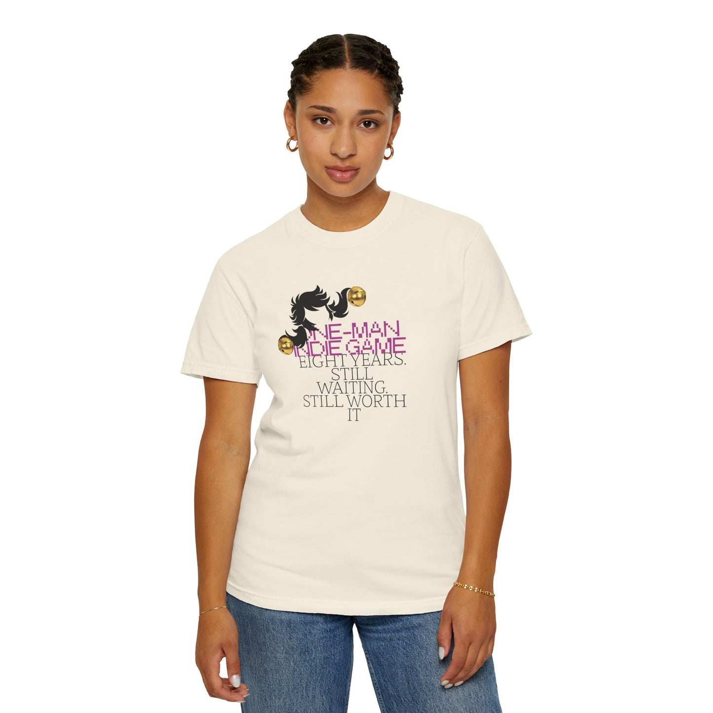Unisex printed tees front and back layout on a neutral background

