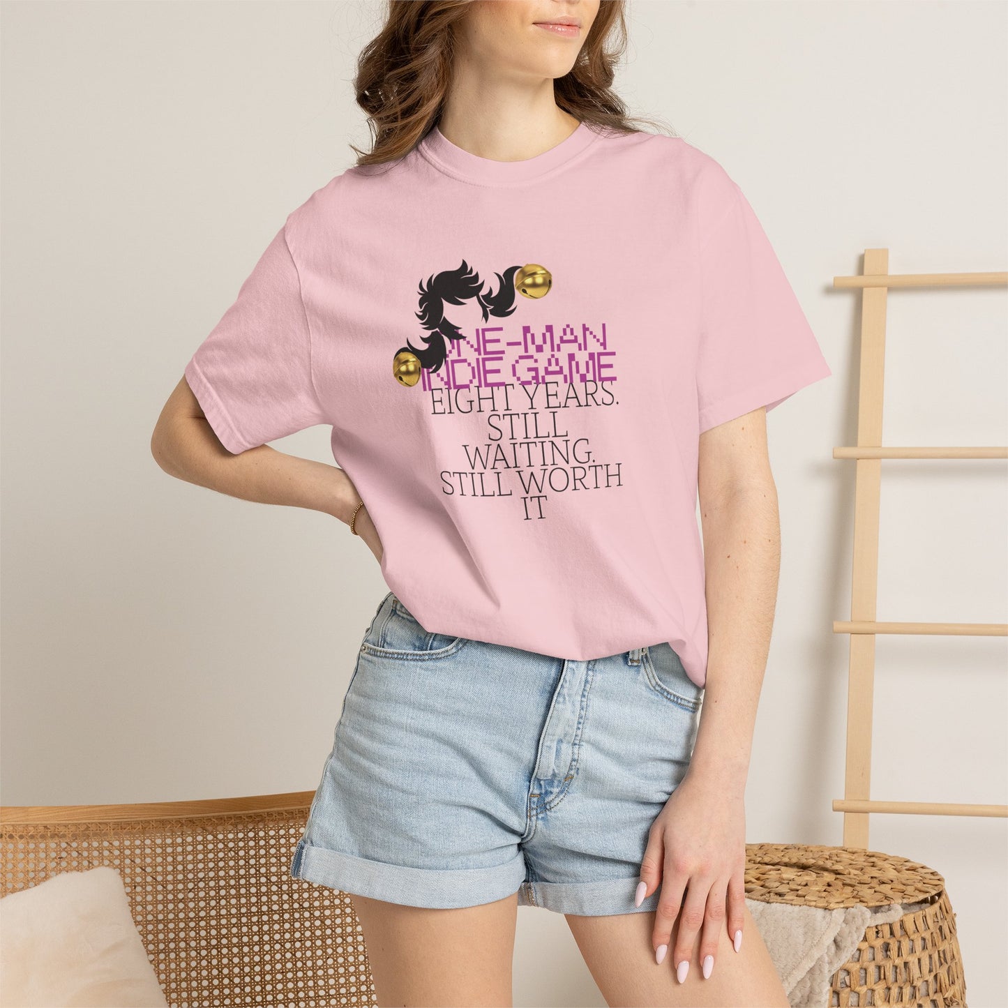 Unisex printed tees on a hanger highlighting the roomy S to 4XL range
