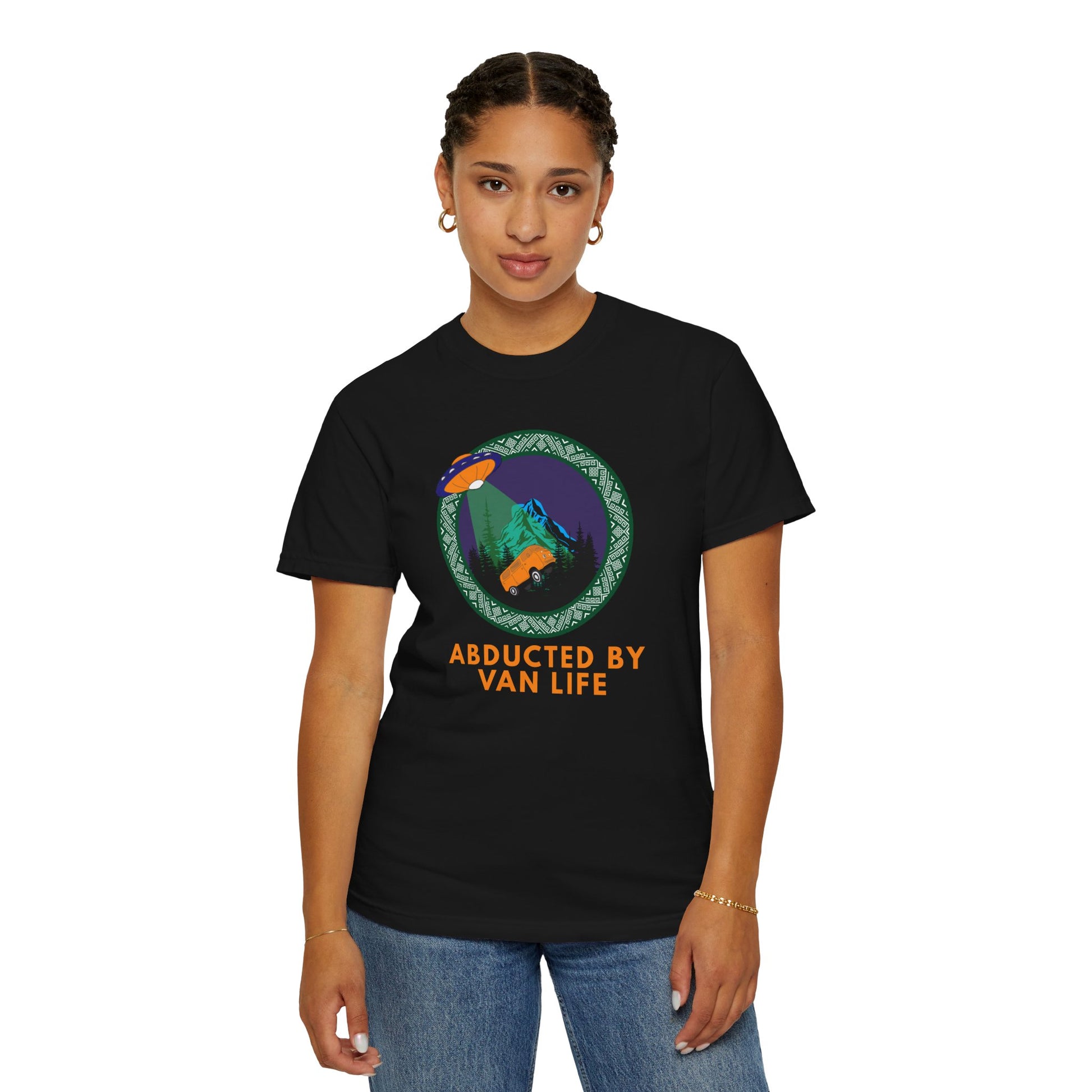 Unisex van life T-shirt with abduction graphic in multiple color options