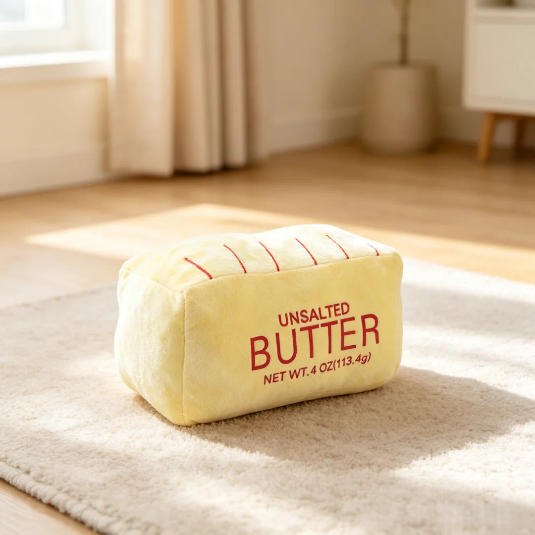 Unsalted butter plush wrapped in tissue paper as a novelty food gift presentation