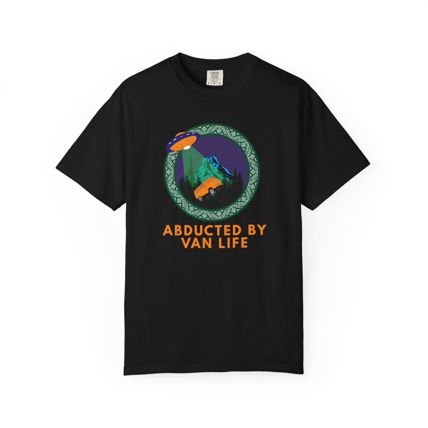Van life graphic tee with bold UFO abduction design on garment-dyed shirt