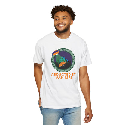 Van lifer adventure tee with alien abduction humor graphic on Comfort Colors
