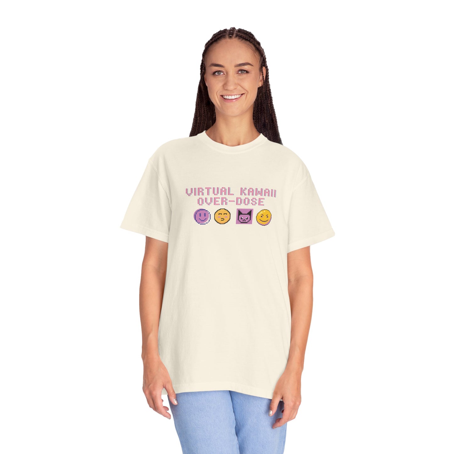 Vaporwave aesthetic t-shirt detail of double-needle stitched collar and sewn-in label
