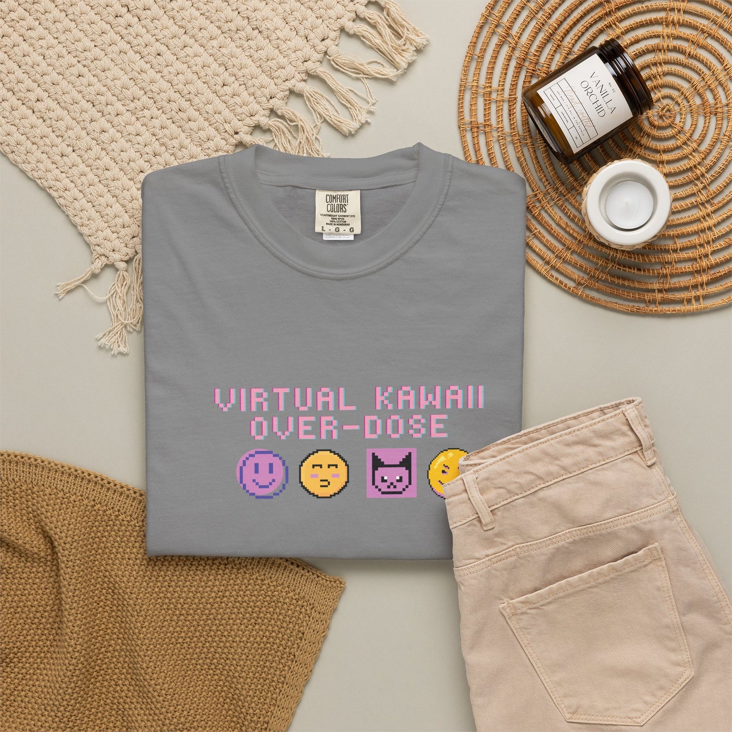 Vaporwave aesthetic t-shirt photographed under neon pink and blue lighting
